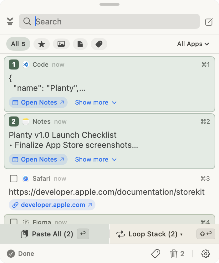 Planty’s native clipboard window, with copied code, a note, and a link. Two items are selected for a paste stack.