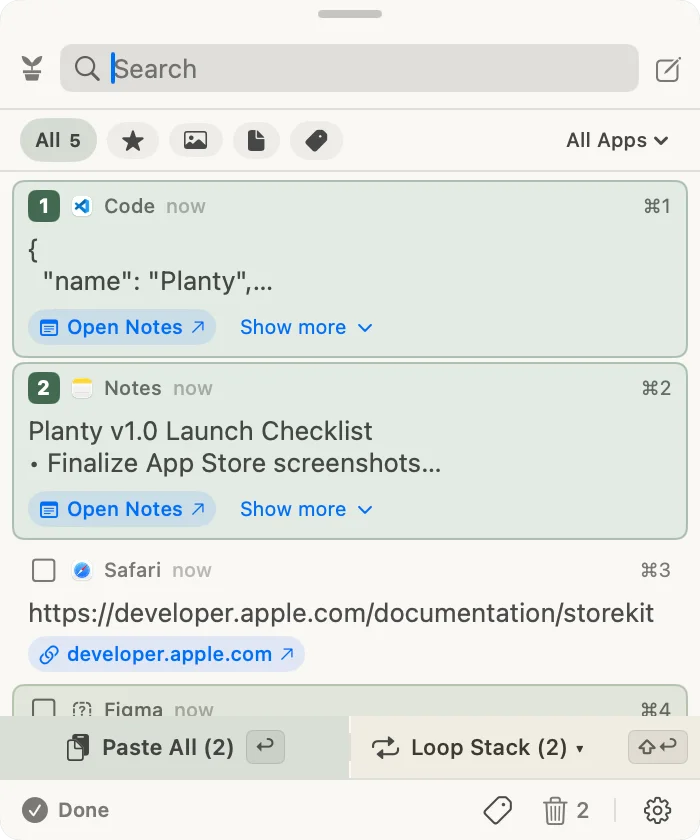 Planty clipboard history with searchable saved text, links, and images