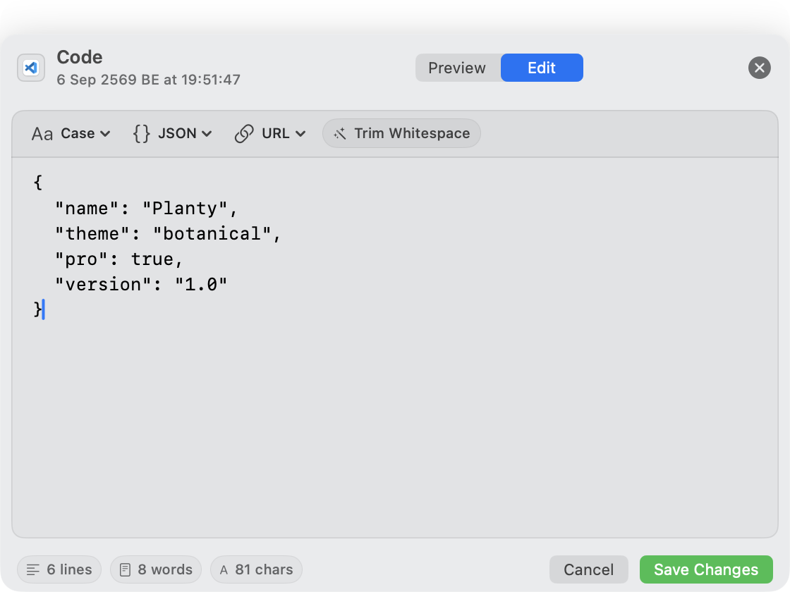 Planty’s text editor with case conversion, JSON formatting, URL tools, and Trim Whitespace.