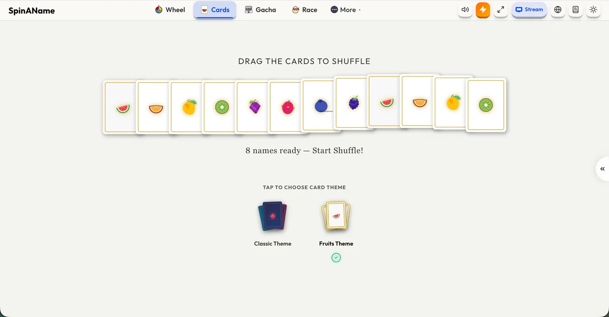 SpinAName Mystery Card Flip game screen